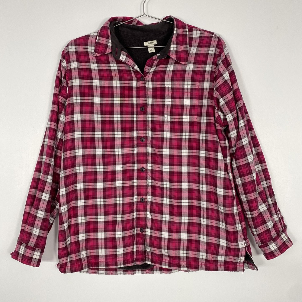 L.L. Bean Shirt Jacket Womens Large Pink Plaid Fleece Lined Flannel Button Up